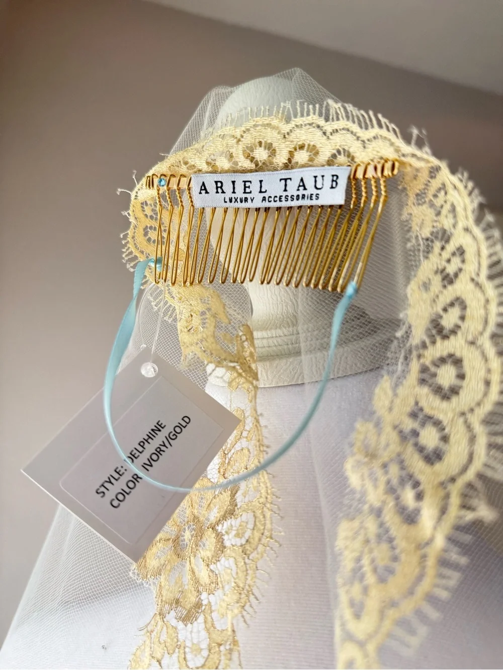 Ariel Taub Delphine Metallic Gold Chantilly Lace Mantilla Veil Chapel Length 90”